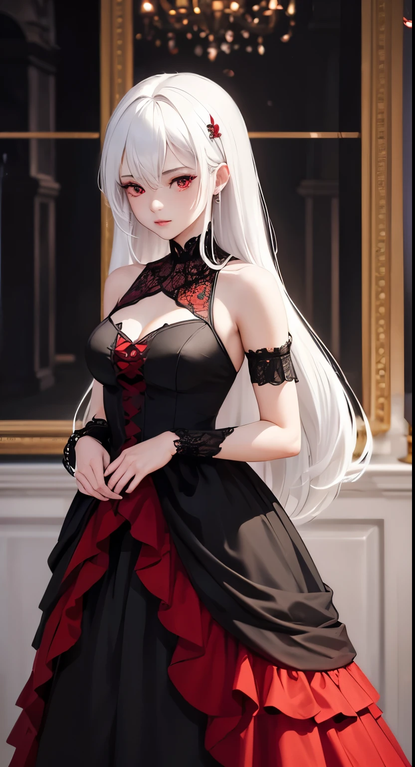 Woman in a black and red dress, girl wearing a black and red dress, in dress, beautiful alluring woman, cute waifu in a nice dress, gothic maiden girl, red eyes, white hair, 8k high-quality detailed art, beautiful anime girl, beautiful anime woman, attractive anime girl, white hair