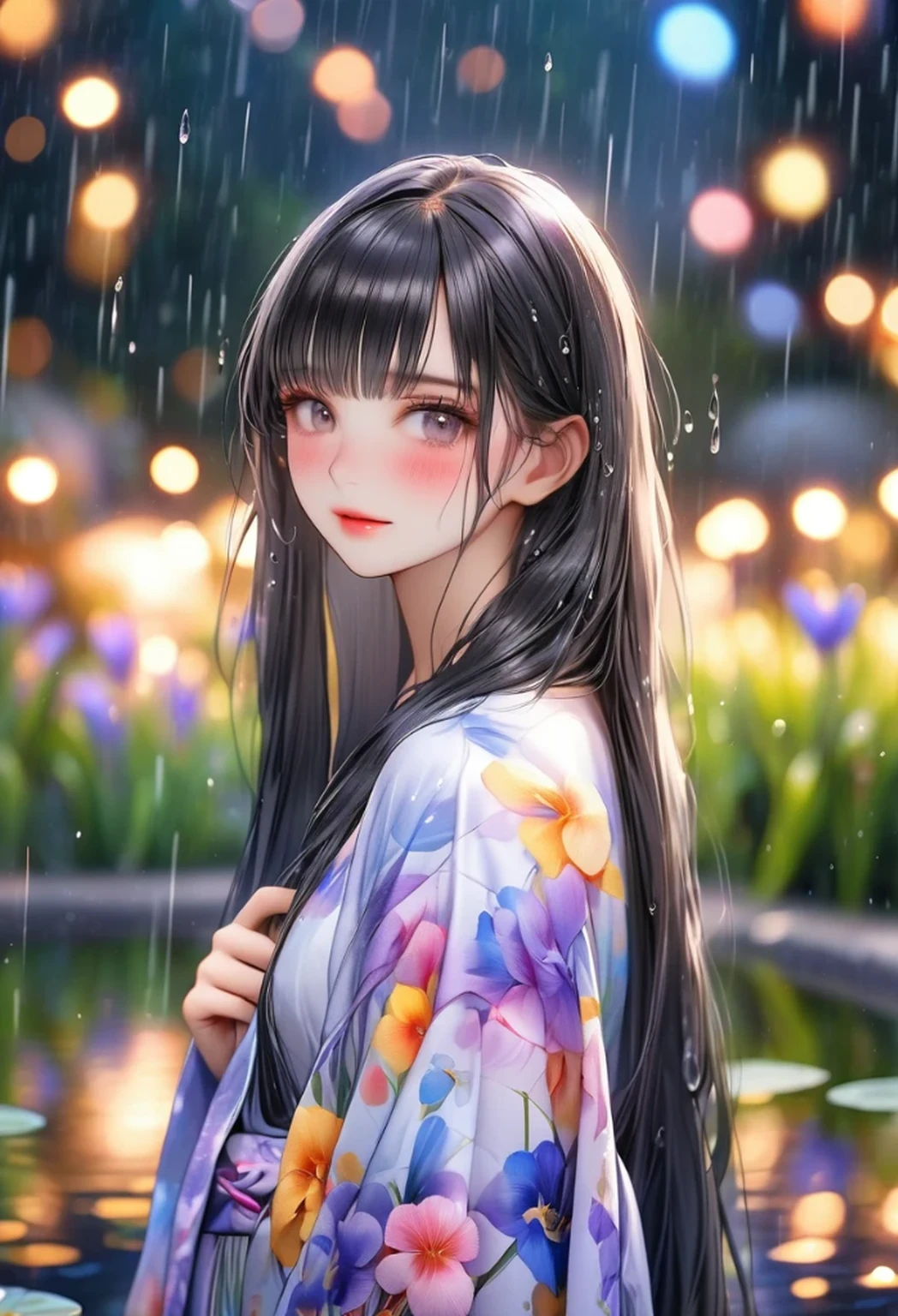 raw photo:1.2, masterpiece, highest quality, 16k, unbelievably absurd, very detailed, perfect beauty, irises, pond, gently rain, beautiful cute  girl, flowy  jet black long straight hair, blunt bangs, blushed cheek, kimono, standing with beautiful posing, vibrant colors, background bokeh