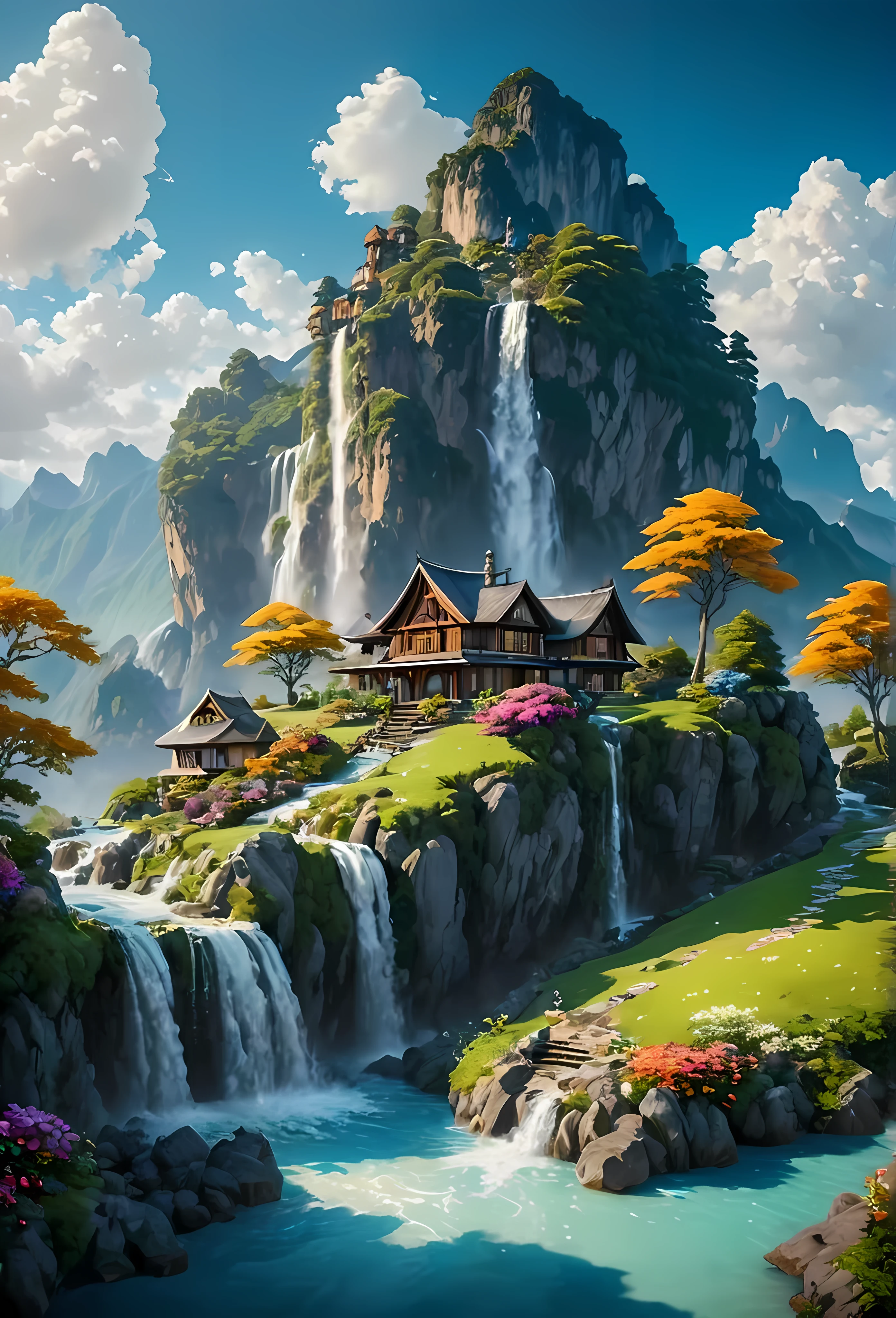 Wide camera view, art by mooncryptowow, a beautiful floating mountain with a small lonely cottage, sky, flowers, clouds, waterfall, bright daylight, niji midjourney style, highres, UHD, masterpiece, 16k