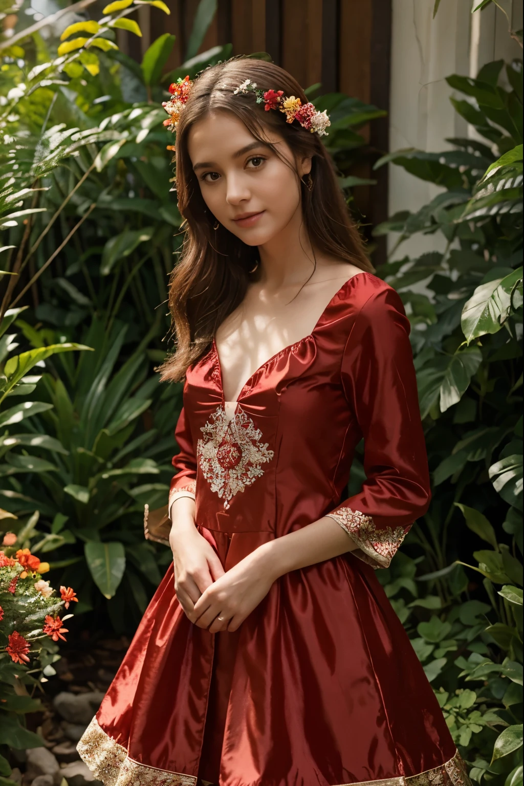 A girl in a red silk dress, com detalhes bordados  com flores amarelas, no meio de um jardim exuberante, com borboletas coloridas voando ao redor, em um dia ensolarado de primavera, irradiando harmonia e alegria, illustration, digital, --ar 16:9 --v 5