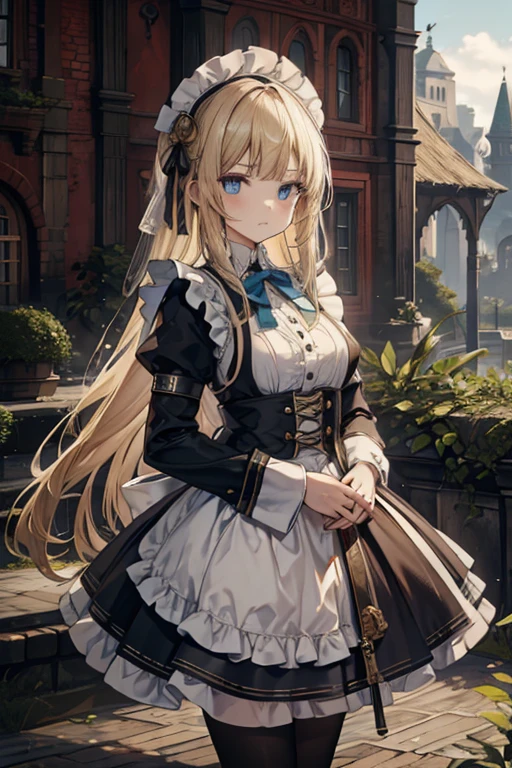 (8k, highest quality, Tabletop:1.2)、Ultra-high resolution, , Perfect Fingers, Detailed face, blue eyes, blonde, Straight hair, Long Hair, Black maid outfit, Western-style building、garden、of、Assault rifle