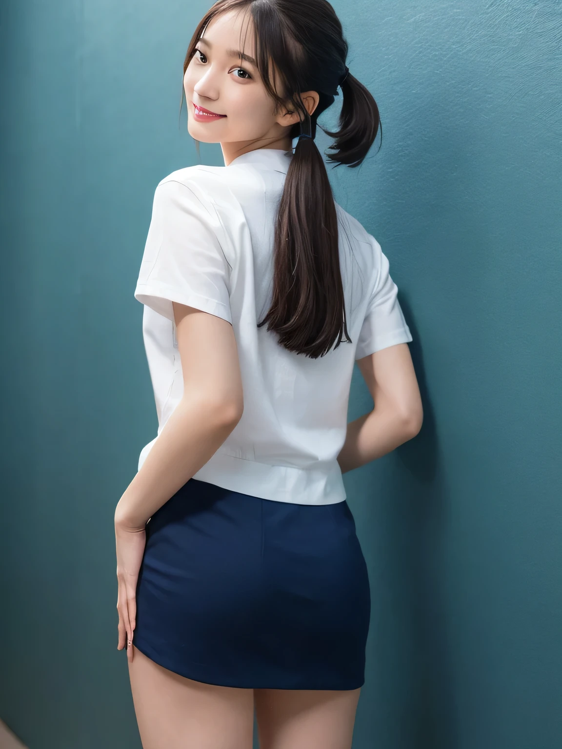In detail,Full body photo、 One high school girl、High resolution, high quality、Slim body、Perfect dynamic composition, Beautiful fine details, Twin tails、Natural color lip,Kamimei、16-year-old girl、Clear Skin、Navy blue sailor suit with short sleeves、Green mini skirt、Thighs、Shiny Hair、最high quality, figure, Very detailed, In detail, High resolution, 8k、The correct state of the human body、Sculpture model pose，Dark blue walls,Looking at the viewer with his back turned、Sticking out her butt、Thighs are visible、smile、