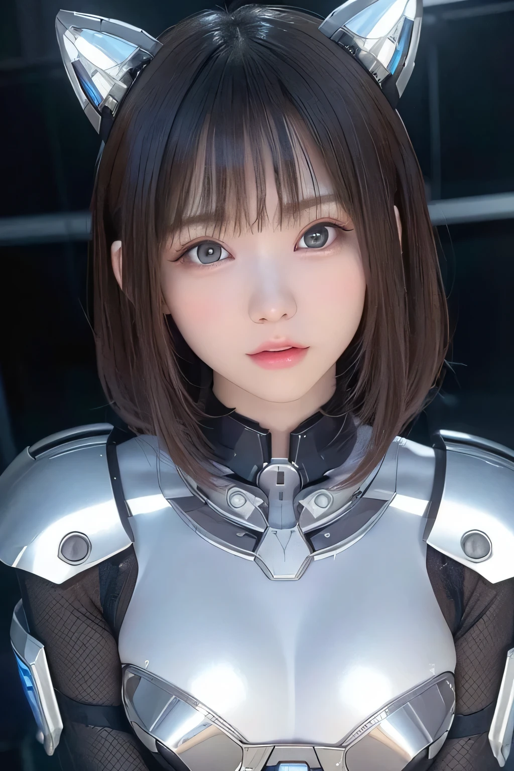 (8K、Highest quality、masterpiece、 Ultra-high resolution)、(Very condensed one girl、Delicate and beautiful features、Flat Body、slim、slender、())、(realism: 1.4)、(Headshot closeup:1.3)、Wearing silver-plated and carbon-look mecha、、Get on the machine、The background is a futuristic city high tech lighting scene、