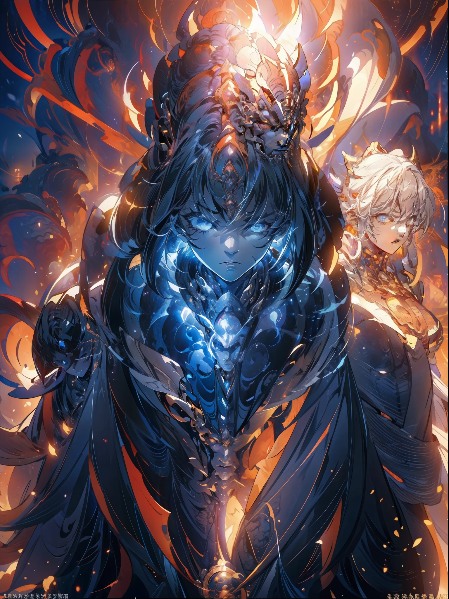 Production：1.2），Best quality，horrifying，demon，Black Fog，big dragon，It emits cold light, Surrounded by fire and lightning particles. The woman wears black and blue intersecting armor,Majestic posture and butterflies around. Lightning surged around them, creating an opulent atmosphere. High Definition Image，Capture the highlights of this epic battle.