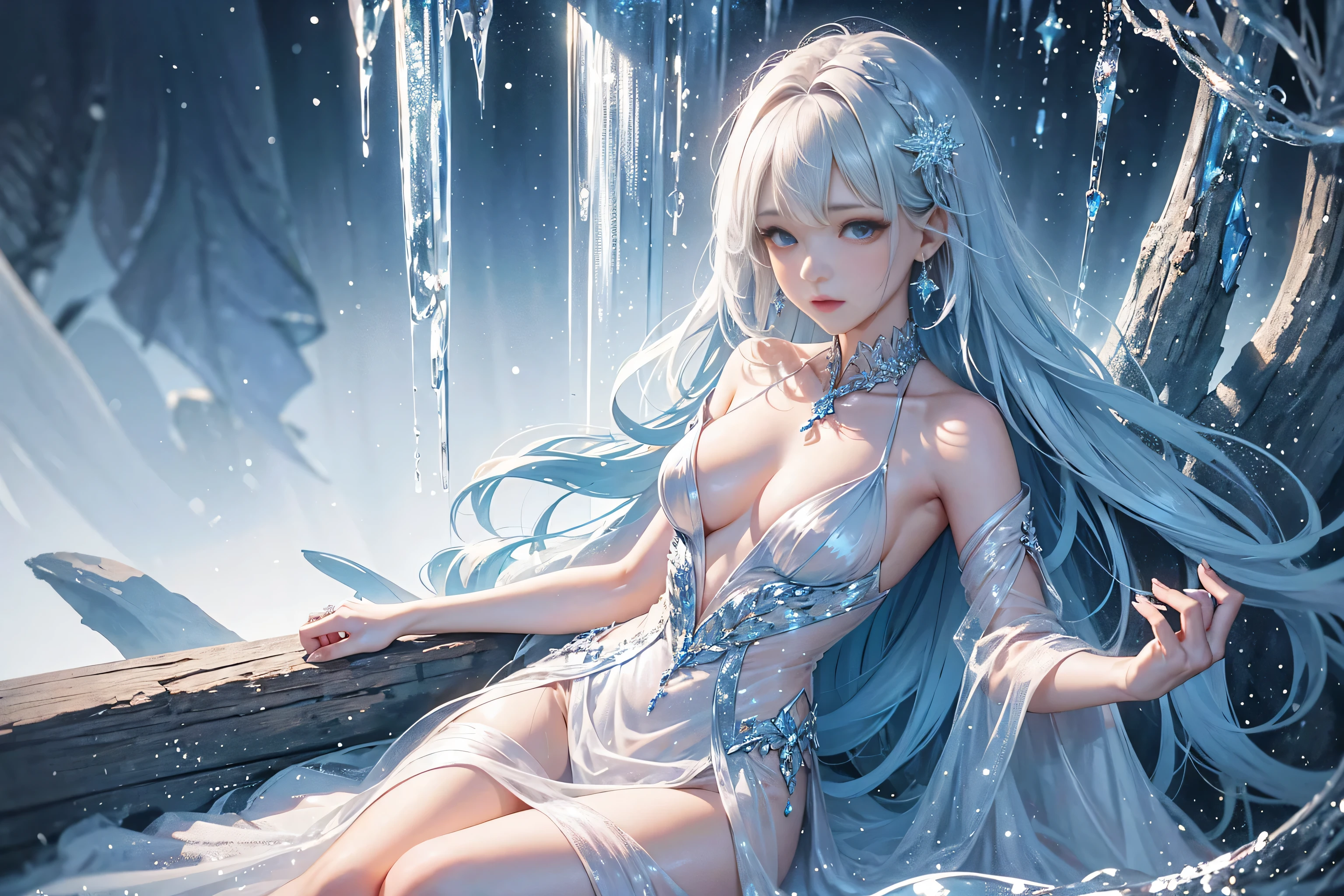 wood, Exquisite mini ice spikes and crystals, A frozen waterfall in the background, Light reflected by ice crystals, Flowing snowflakes、pretty girl,Small and beautiful breasts,Beautiful cleavage、Beautiful dress