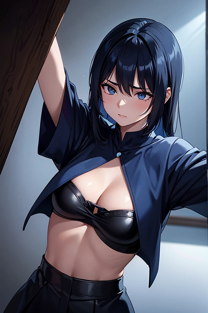 Create an intense, evocative portrait in the Japanese retro anime style of the 80s and 90s. The scene features a male bathed in deep blue light, leaning against a wall with her arms raised, eyes closed in a moment of raw emotion. Her attire is minimal, accentuating the curves of her body and the dramatic shadows cast by the lighting. The background is stark, with sharp contrasts highlighting the contours of her form. The blue and black palette intensifies the mood, evoking a sense of mystery and allure. Subtle film grain and meticulous shading add depth and texture, emphasizing the emotional gravity of the scene. The lighting creates a chiaroscuro effect, accentuating her expressive pose and the intense atmosphere.