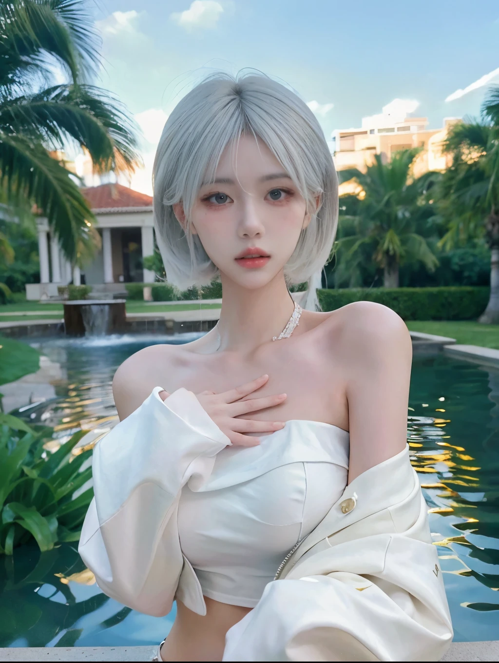 Beautiful woman with perfect body：1.4，layered hairstyle，prominent cleavage，bikini：1.5，ultra short pleated skirt，whole body，Highly detailed facial and skin textures，double eyelids，whiten skin，long white hair