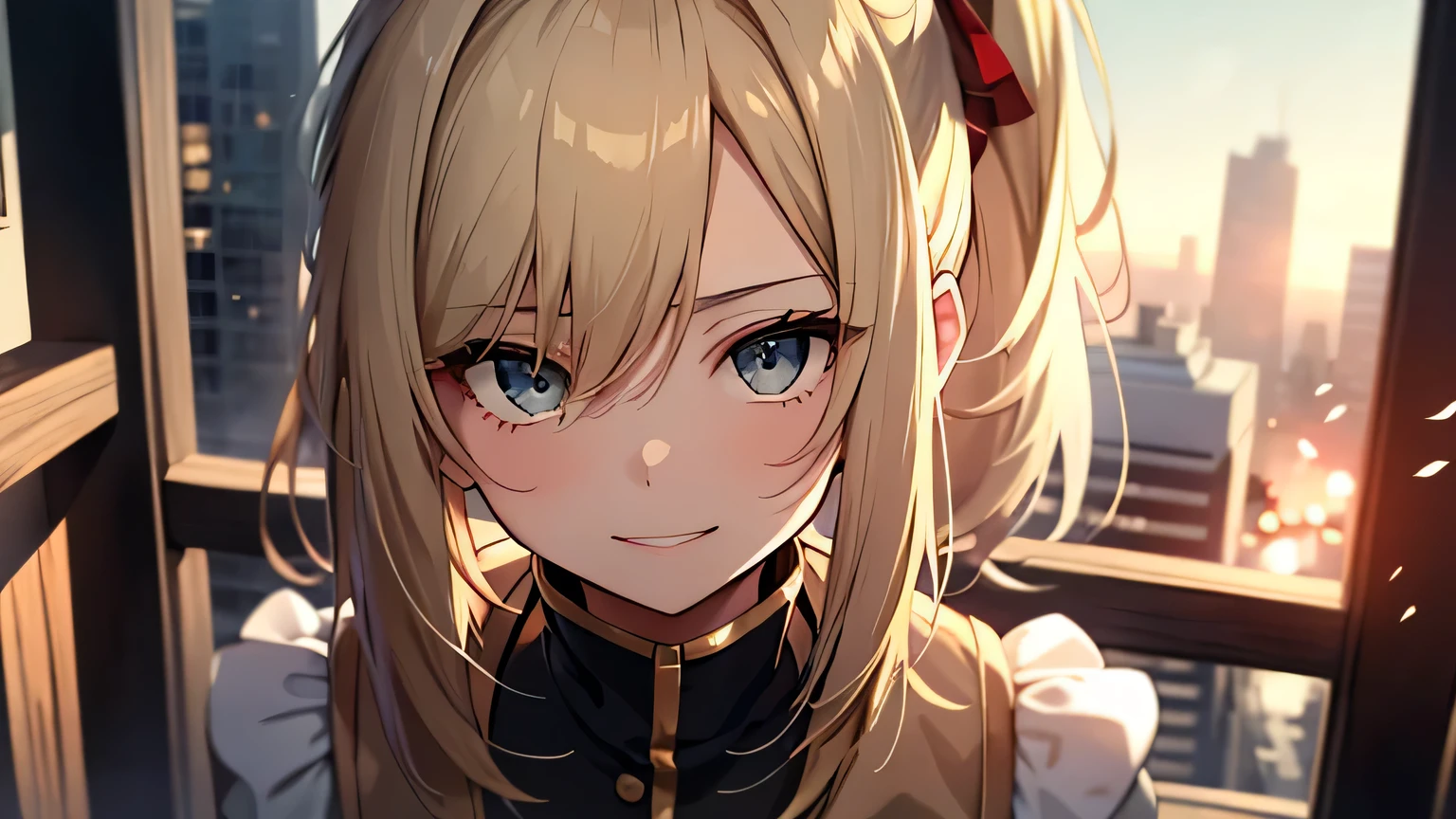 ((highest quality)), ((masterpiece)), (detailed), Perfect Face、evening、Return from date、Shy laugh、blonde、Smooth Hair、ponytail、Angle from slightly above、Upper Body、