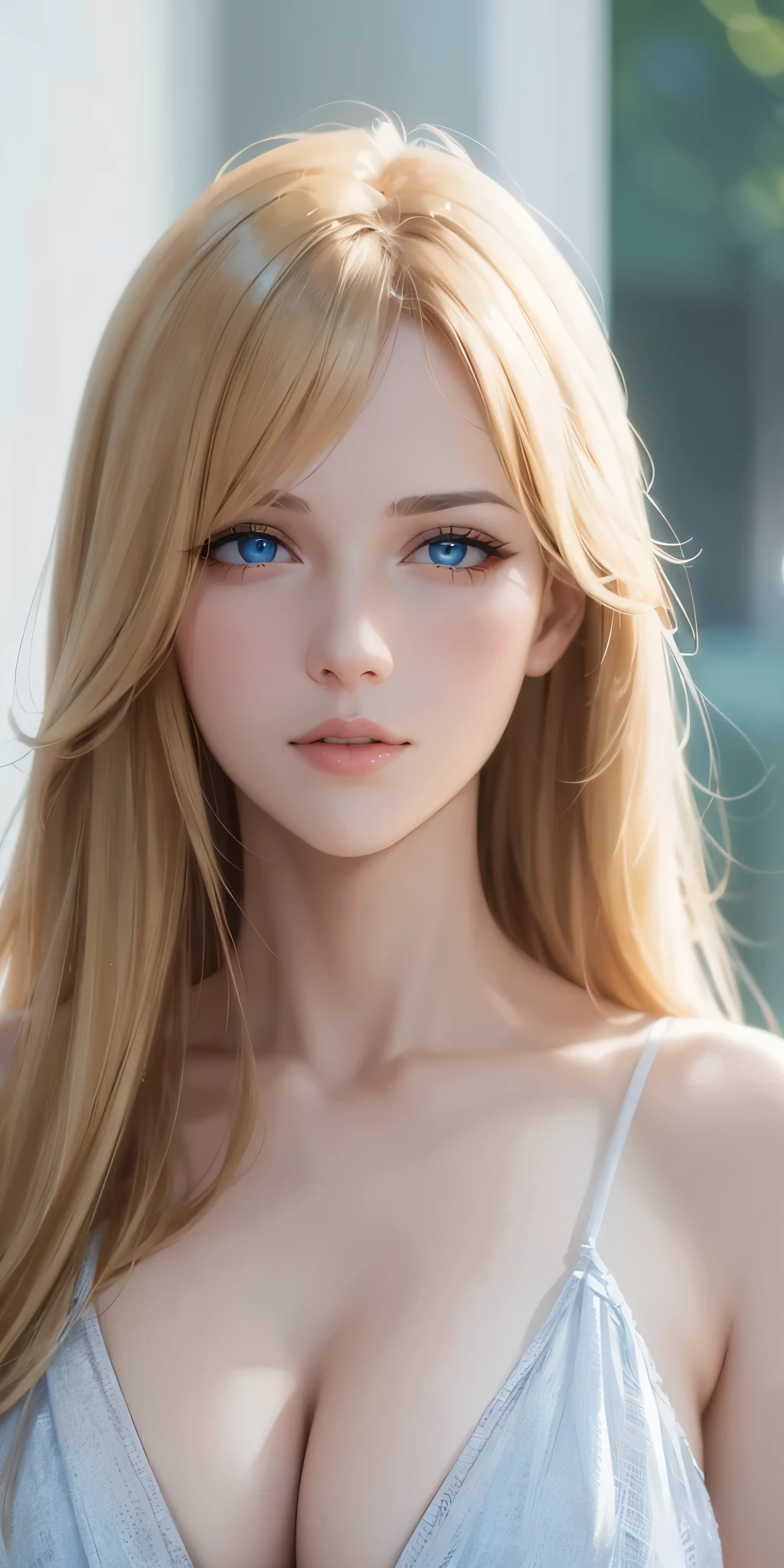 Portait, Upper body, elegant mature woman, long neck, long blonde hair, bangs, blue eyes, casual clothes, cleavage, soft light, 4k resolution, high quality, looking at viewer