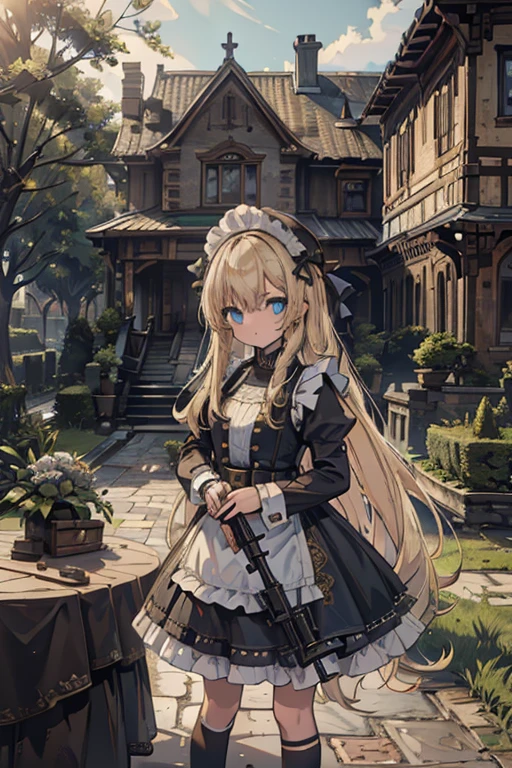 (8k, highest quality, Tabletop:1.2)、Ultra-high resolution, 14-year-old girl, Perfect Fingers, Detailed face, blue eyes, blonde, Straight hair, Long Hair, Black maid outfit,  Western-style building、garden、of、Assault rifle