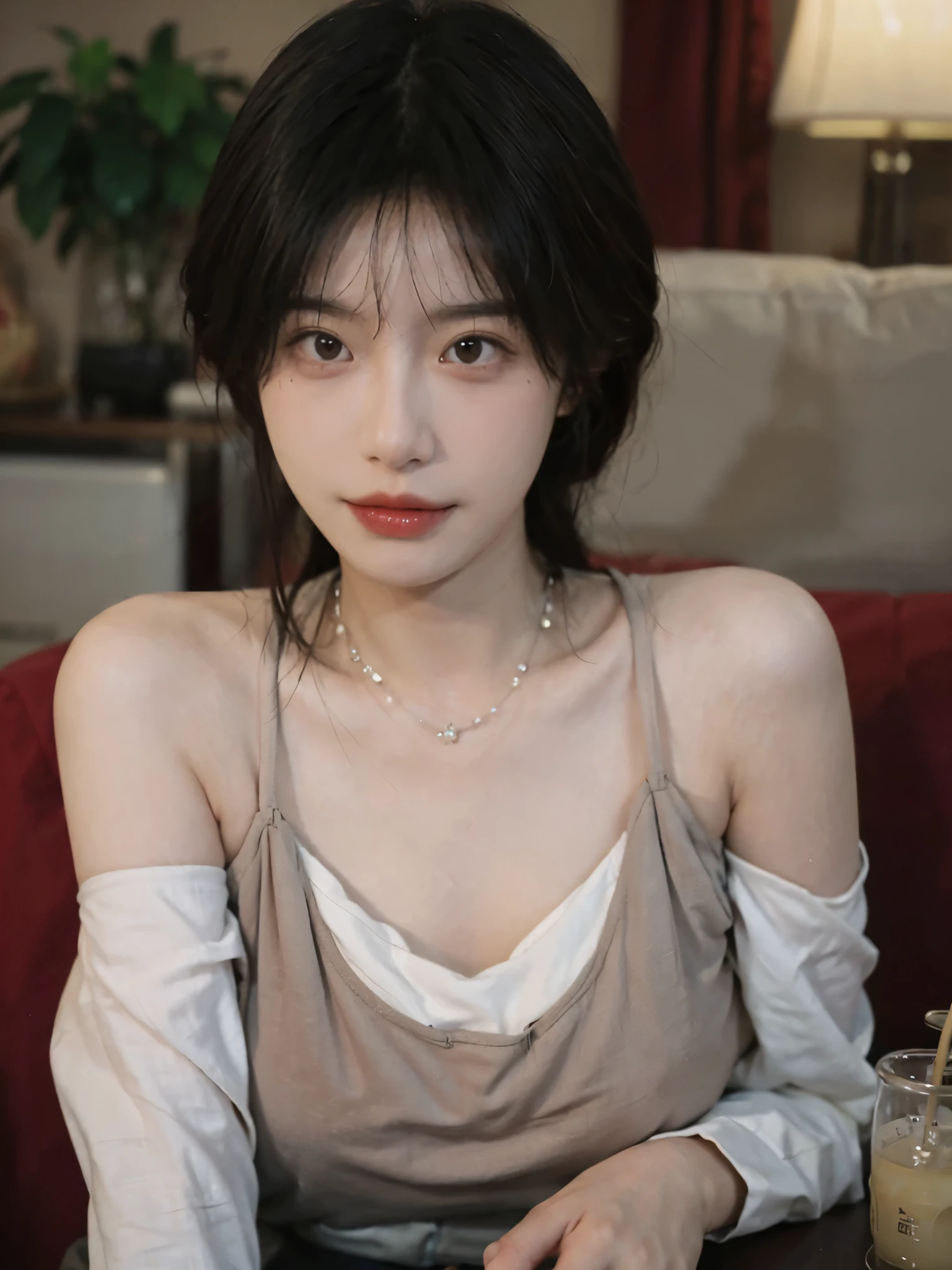Film portrait photography, 2 girls, Bare shoulders,Lipstick,(flat chest:1.4), Wear a necklace,Cute expression,Exquisite makeup,Red suspenders,serene, calm, (Realistic and detailed eyes, Natural skin texture, Realistic facial details), Big breasts:1.6,Big Breasts,Soft dramatic lighting, Depth of Field, Bokeh, Vibrant details, Detailed and detailed, Surreal, 35mm film, hazy, ,