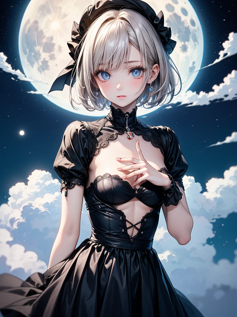 (​masterpiece),(top-quality:1.2),((perfect anatomy)),((perfect fingers)),(1 girl),(flat chest), messy short white Hair,wearing a white and black dress,beautiful detailed blue eyes,,large full moon,cool moonlight,Desperate visual impact,It's like embracing the sky,film lighting,depth of written boundary