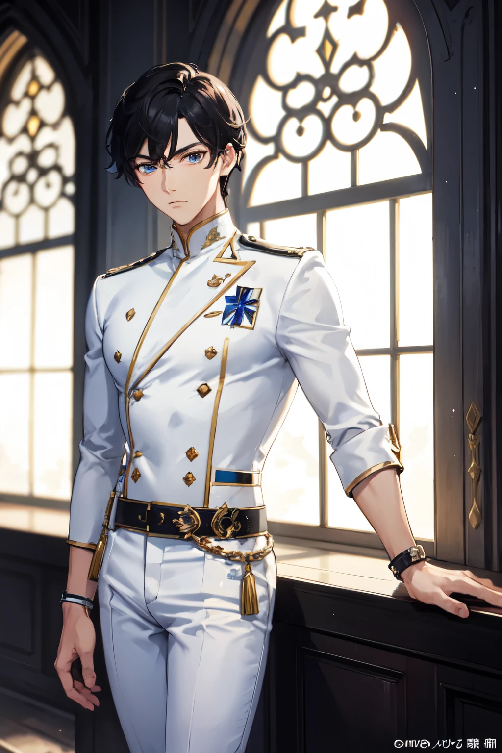 handsome man, short black hair, tanned skin, blue eyes, white noble clothes, black details, black pants, serious expression  inside the castle, high quality