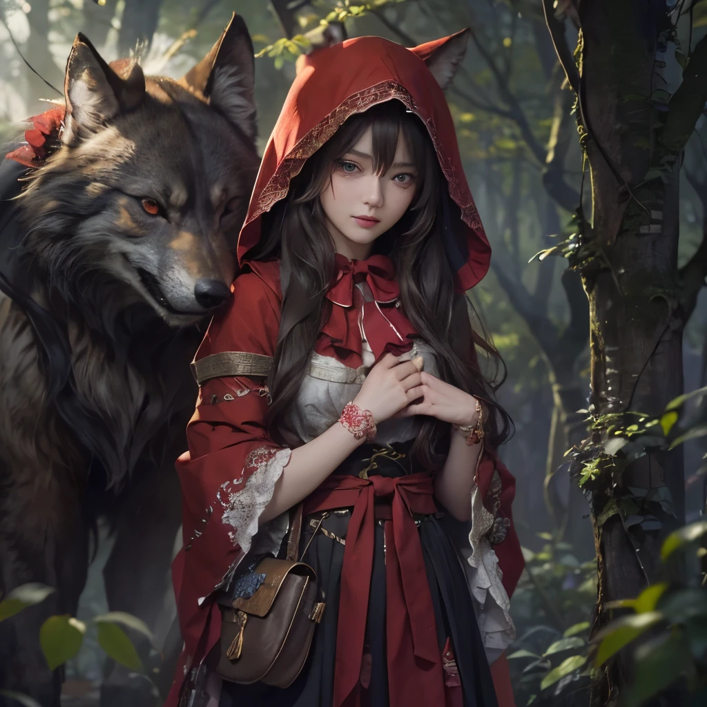 Standing in the forest、Hair flow、 ((highest quality、masterpiece、8k、Best image quality、Ultra-high resolution、Award-winning works)、(Accurate anatomy:1.1)、(Look at me and smile:1.1)、Shining fair skin with Ultra-high resolution、The most detailed face、Ultra-high resolution detailed face、Ultra-high resolutionの髪の毛、(Ultra-high resolution eye:1.1)、Beautiful face drawn in every detail、little red riding hood Costume , Chest to chest, Strange atmosphere, A real werewolf stares at her......, Dark Light, in the forest , Gorgeous Accessories