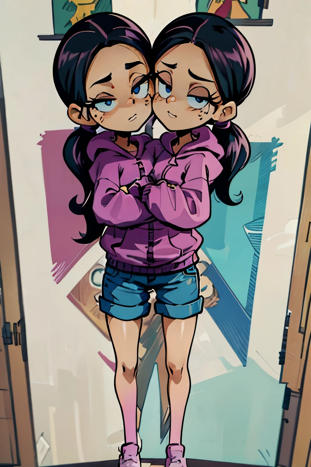 conjoined, 2heads, girl with two heads instead of one, 2head, cuerpo curvilineo, brazos curvilineos, usando shorts, ropa abrigada, piernas curvilineas, anime cartoon, using a purple hoodie, each head has a ponytail