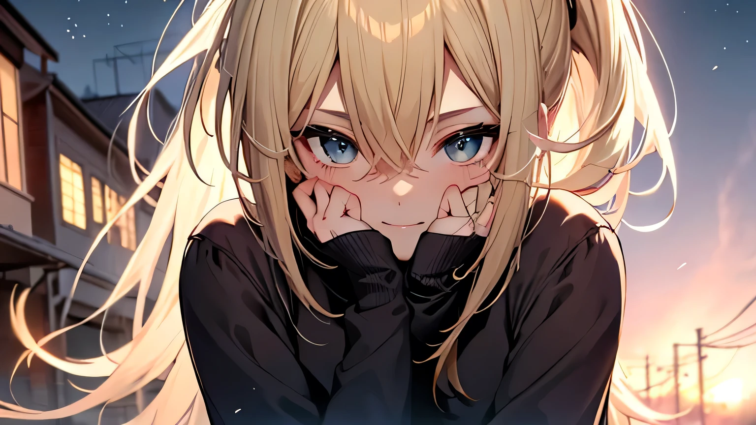 ((highest quality)), ((masterpiece)), (detailed), Perfect Face、evening、Return from date、Shy laugh、blonde、Smooth Hair、ponytail、Angle from slightly above、Upper Body、