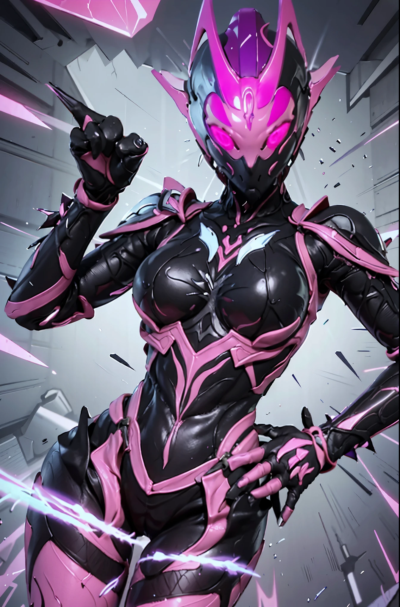 Ultraman Woman. （high quality）（luster）（Black and Pink thema color）（Black helmet. Black  Face）women only. The whole body is covered with a black bodysuit. Spike decoration. Pink lines all over the body. purple coloreye. pink glow crystal. pink sharp claw. squat pose. Emphasize the belly button. dark background.