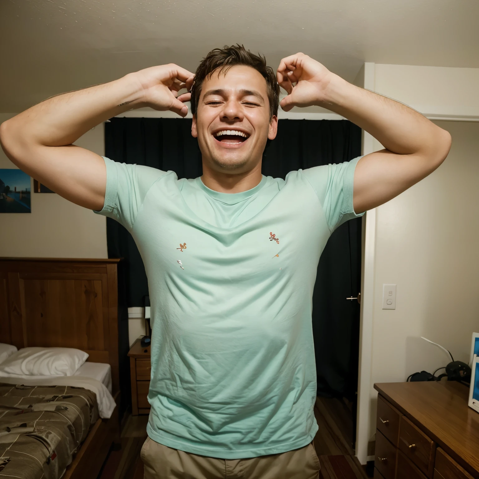 A happy man crying in his room realizing how wonderful life is
