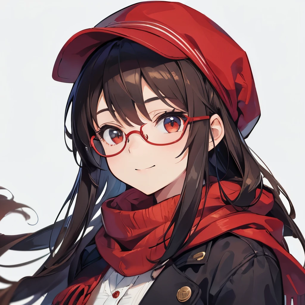 1girl, solo, (portrait), smile, long hair, dark brown hair, small breast, newsboy cap, eye glasses, red scarf, cardigan, open jacket, masterpiece, best quality, (no background, simple background)