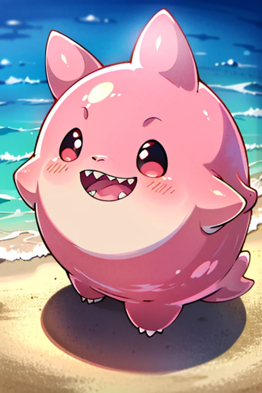 masterpiece, best quality, SFW, (safe for work),1Digimon, solo, sharp teeth, very long ears, wide mouth, pink digimon,blob body, (A pink blob shaped digimon, with extremely long ears),digimon style,(in-training digimon), beach background