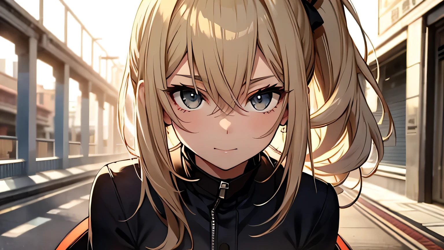 ((highest quality)), ((masterpiece)), (detailed), Perfect Face、evening、Return from date、Shy laugh、blonde、Smooth Hair、ponytail、Angle from slightly above、Upper Body、