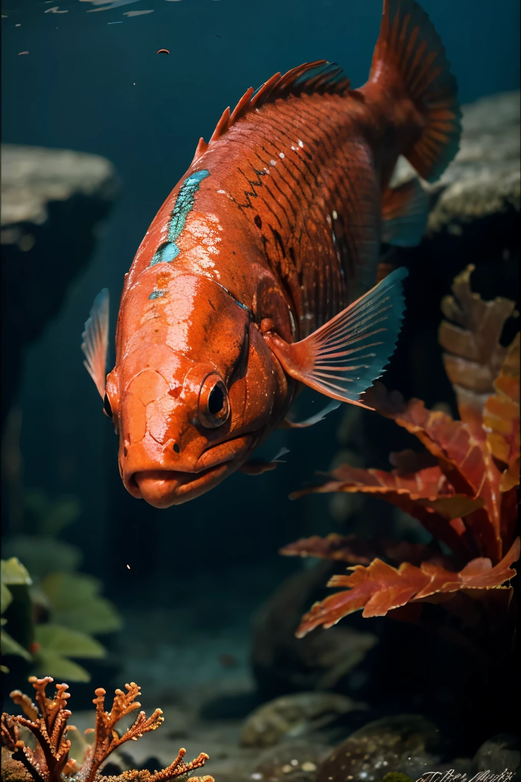 hyper-realistic image of a ruby snapper with vibrant red color swimming in blue water. Little fishes in the background, cinematic, fish species, long body