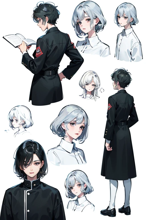 ((masterpiece)),(((best quality))),(character design sheet, same character, front, side, back), illustration, 1 boy, ??? JESUS CHRIST, hair color, bangs, hairstyle fax, eyes, environment change scene, Hairstyle Fax, Pose Zitai, Male, Shirt Shangyi, Star, Charturnbetalora, (simple background, white background: 1.3), --6