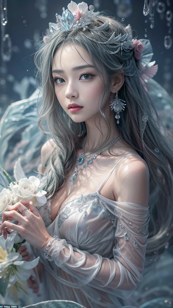 (RAW shooting, Dignified:1.0, 32k:1.5, highest quality, masterpiece, Ultra-high resolution), (snow, Ocean:0.7, Majestic Background:0.7, Mystical Expressions:1.3, Expressions of sadness:1.0), Perfect dynamic composition:1.3, 非常にdetailedな肌と顔の質感:1.3, (Slim Mermaid:1.3, Mermaid tail), Random Shot, Fair skin:1.2, Incredibly slim body:1.2, Fractal Art:1.1, Very beautiful face:1.1, Water droplets on the skin, detailed, (Rain drips down on my body:1.1, Wet body:1.1, Wet Hair:1.1), (Posing Pro:0.9, With a wet bouquet:0.9, Gorgeous and shiny mermaid dress portrait:1.1, Woven Belt), Shapely breasts, (Big eyes that exude beautiful eroticism:0.5, Lips that exude beautiful eroticism:0.5), I love you, Very sweet atmosphere, necklace, Earrings, bracelet