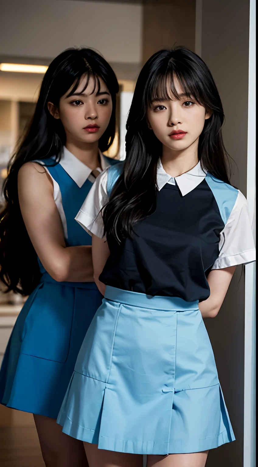 A pair of female bank tellers taken hostage by a robber, both with their hands tied with rope, standing in a bank, facing forward, 21 years old, beautiful, symmetrical faces, beautiful black hair with bangs, medium build with proportionate figures, beautiful legs, wearing bank employee uniforms with blue short-sleeved shirts and light blue long skirts, hyper-realistic, best quality, 4k, 8k, highres, masterpiece, ultra-detailed, realistic, photorealistic, photo-realistic, HDR, UHD, studio lighting, ultra-fine painting, sharp focus, physically-based rendering, extreme detail description, professional, vivid colors, bokeh