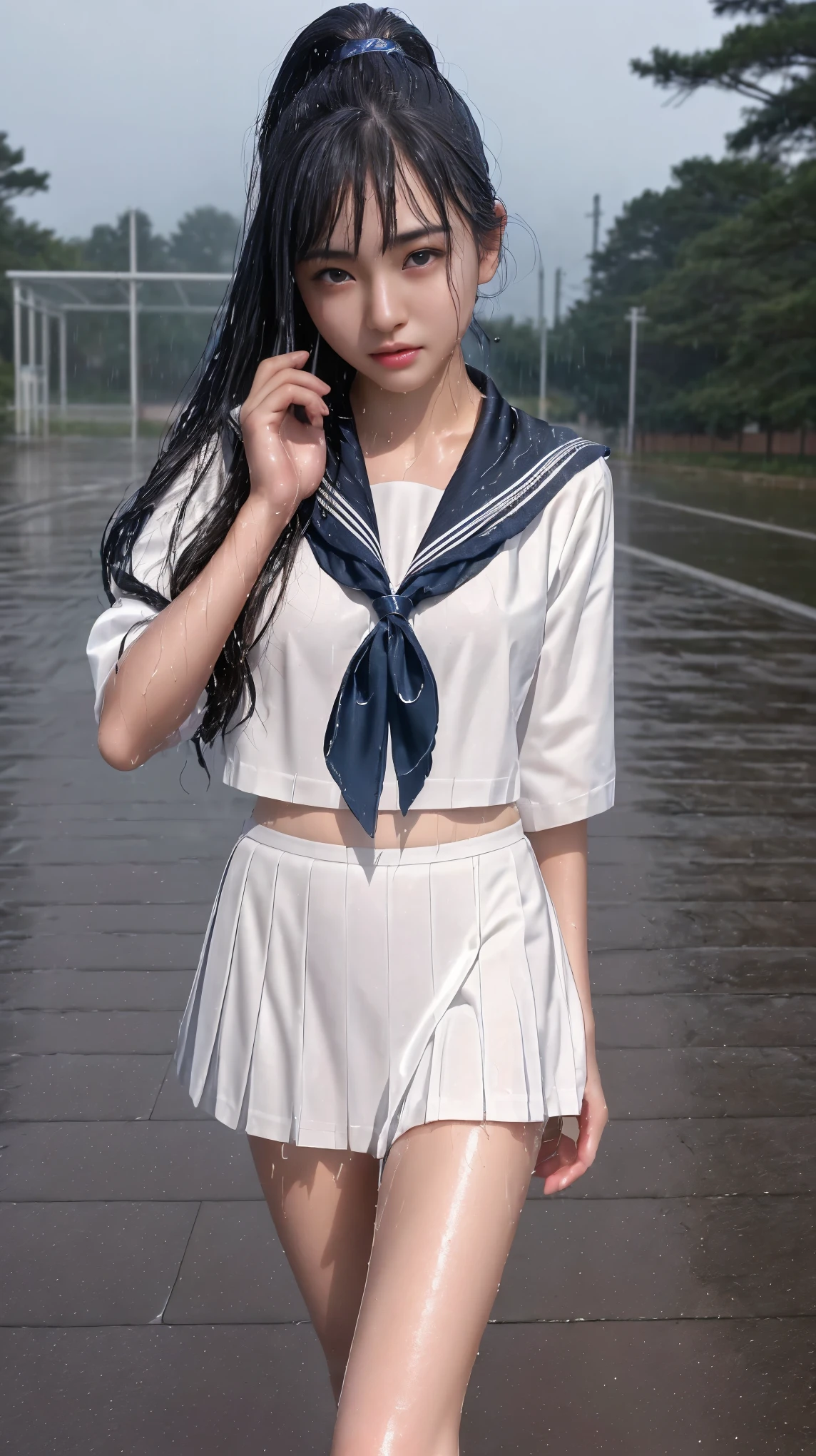 (A gorgeous chinese lady, night, emptied street, wearing a white short-sleeve button shirt, blue sailor cap
,JK school uniform, serafuku, seifuku, plaid tie, plaid hair scarf, youthful charms, smooth complexion, beautiful detailed face, beautiful detailed eyes and lips, long eyelashes, (wet:1.2),

Slender figure, perfect body proportion, friendly expression, cute dimples, kind smile, short hair, side ponytail, confident & poised demeanor, sitting legs opened, blue uniform, msc, bwc, schoollogo,

 (best quality, 4k, 8k, highres, masterpiece:1.2), ultra-detailed,(realistic,photorealistic,photo-realistic:1.37), HDR, UHD, studio lighting, ultra-fine painting, sharp focus, physically-based rendering, extreme detail description, professional, vivid colors, blurred background, bokeh effect,SFW, Safe for Work, Cowboy shot, Ass Focus,)