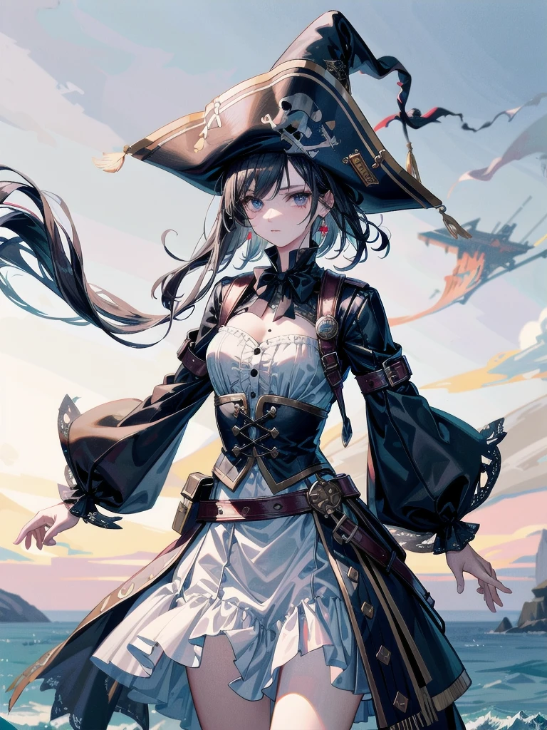 Practical pirate clothing, Long-sleeved pirate top, Skirt,Torn pirate hat, absurdres, RAW photo, extremely delicate and beautiful, masterpiece, Best Quality, ultra high resolution, 32k, hyperrealistic, ultra-detailed, perfect figure, tearful mole, earring, whole body shot, short medium hair, wavy hair,
