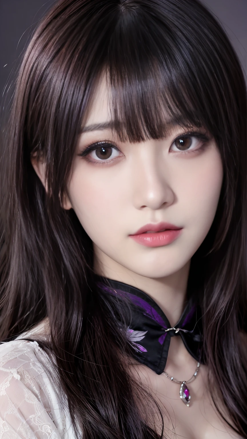 background(Black night sky,Big Moon),Close-up of a woman,Wearing a white shirt、Purple Hair,Very long hair,very thick braids,Purple eyes,big , realistic girl rendering, 8k artistic german bokeh, Enchanting girl, Real Girl, Gurwitz, Gurwitz-style artwork, Girl Roleplay, Realistic 3D style, cgstation Popular Topics,, 8K Portrait Rendering,(truth,truth:1.4),巨big ,Sparkling eyes,Purple eyes、Captivating beauty、Attractive adult woman、Beautiful woman、Cool girl、evil female、Brainwashed、brainwashing、Fallen into evil、Grin、Evil expression、Evil smile、evil、Brown Hair、Wavy Hair、Swept-apart bangs、Heavy makeup、Heavy makeup、Sharp Eye、Hollow Eyes,Half-closed eyes、Hollow Eyes、Purple Eyeshadow、Black lipstick、Black lip gloss、Long black cheongsam、Wide sleeves、night、Spooky Fortressscape Brush、Compensate、Are standing、