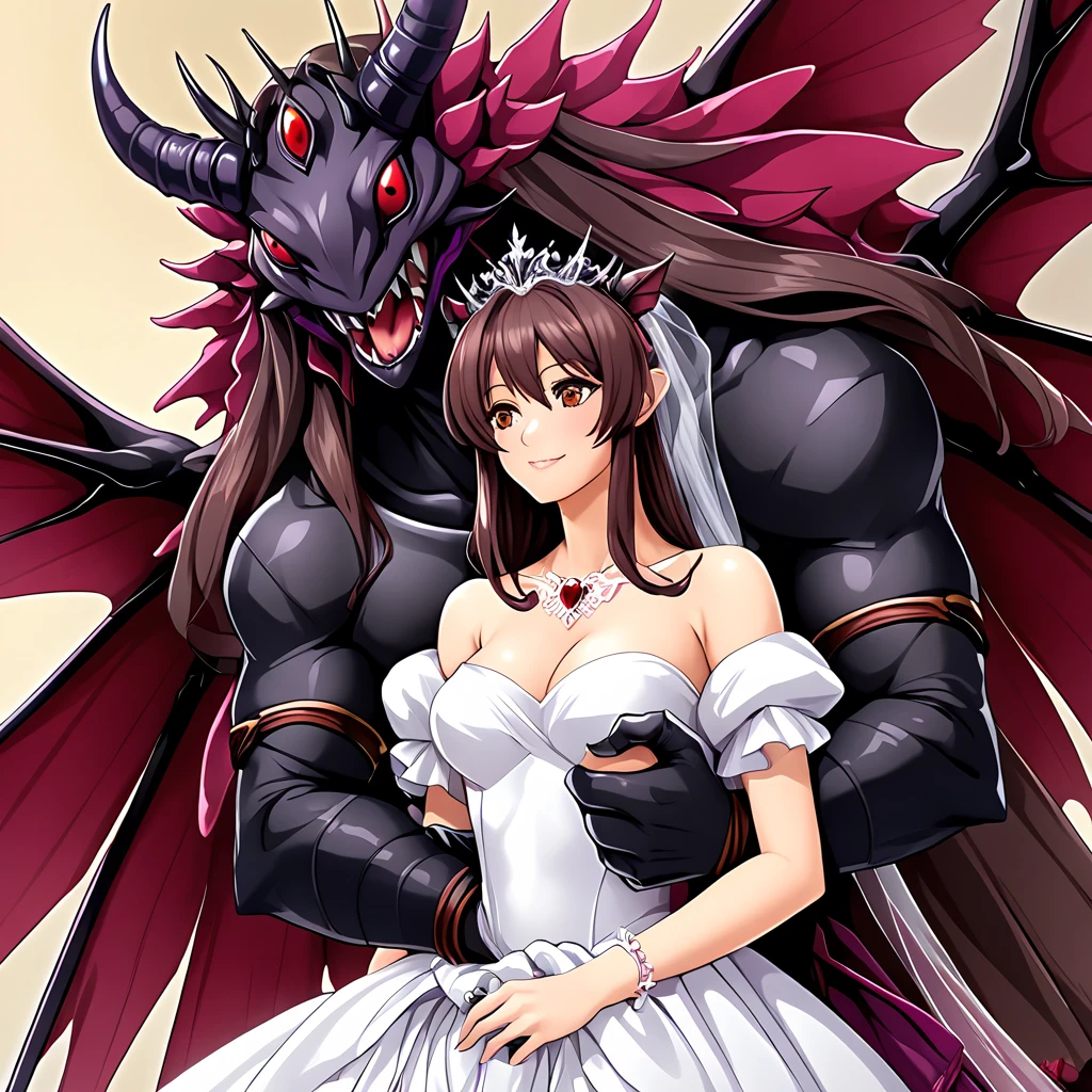 ((highest quality)), ((masterpiece)), (detailed), （Perfect Face）、The woman is Marina Katsuragi, with medium-long brown hair and an engagement ring decorated with a fly.、A woman wearing a wedding dress with a fly motif, a fly motif veil, a fly motif tiara, fly earrings and other accessories are all fly motifs, and the Demon King of Flies, Beelzebub, is carrying her in his princess carry, and she is hugging and kissing him with a happy smile. She is loved and favored by the Demon King of Flies, Beelzebub.、The man is Beelzebub, the monstrous demon king of flies, and caresses the woman, lifting her up in a princess carry, embracing her, rubbing her cheeks with him, kissing her and showing her affection.、The Demon King is holding the woman tightly with the countless fly-like limbs sticking out from his sides and other parts of his body.