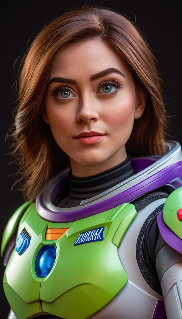(raw photo:1.2), (photorealistic:1.4), Female version of Buzz Lightyear, very detailed eyes and face, beautiful detailed eyes, detailed costume, action pose, full body, 4k resolution, high quality model, high detail, high definition, light on the face, cinematic lighting