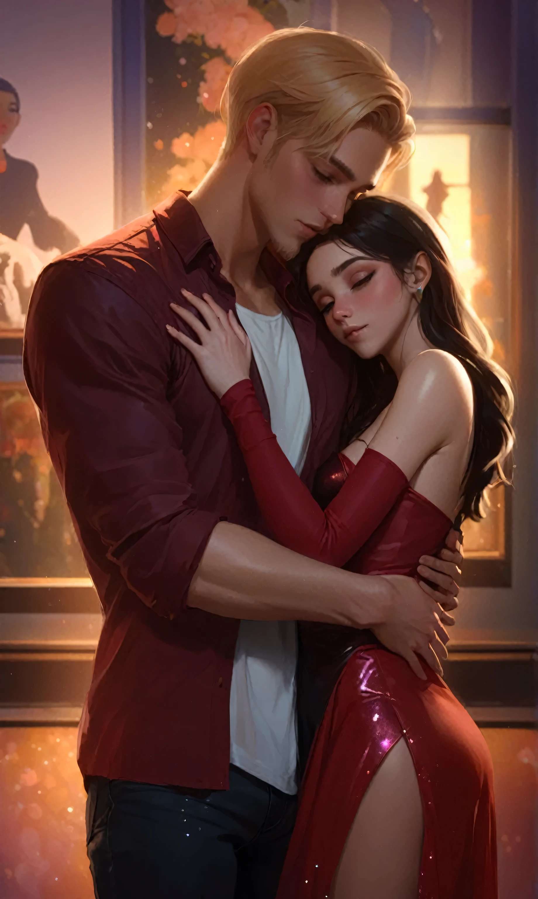 A blond man is wearing vinous shirt and black jeans, man is hugging a woman, woman with dark hair, wearing red dress with glitter,   artstation hd, detailed painting, concept art, art masterpiece, best quality, ultra - detailed, illustration, anime aesthetic, cgsociety, fantasy art, artstation hd, cgsociety, aestheticism, aesthetic