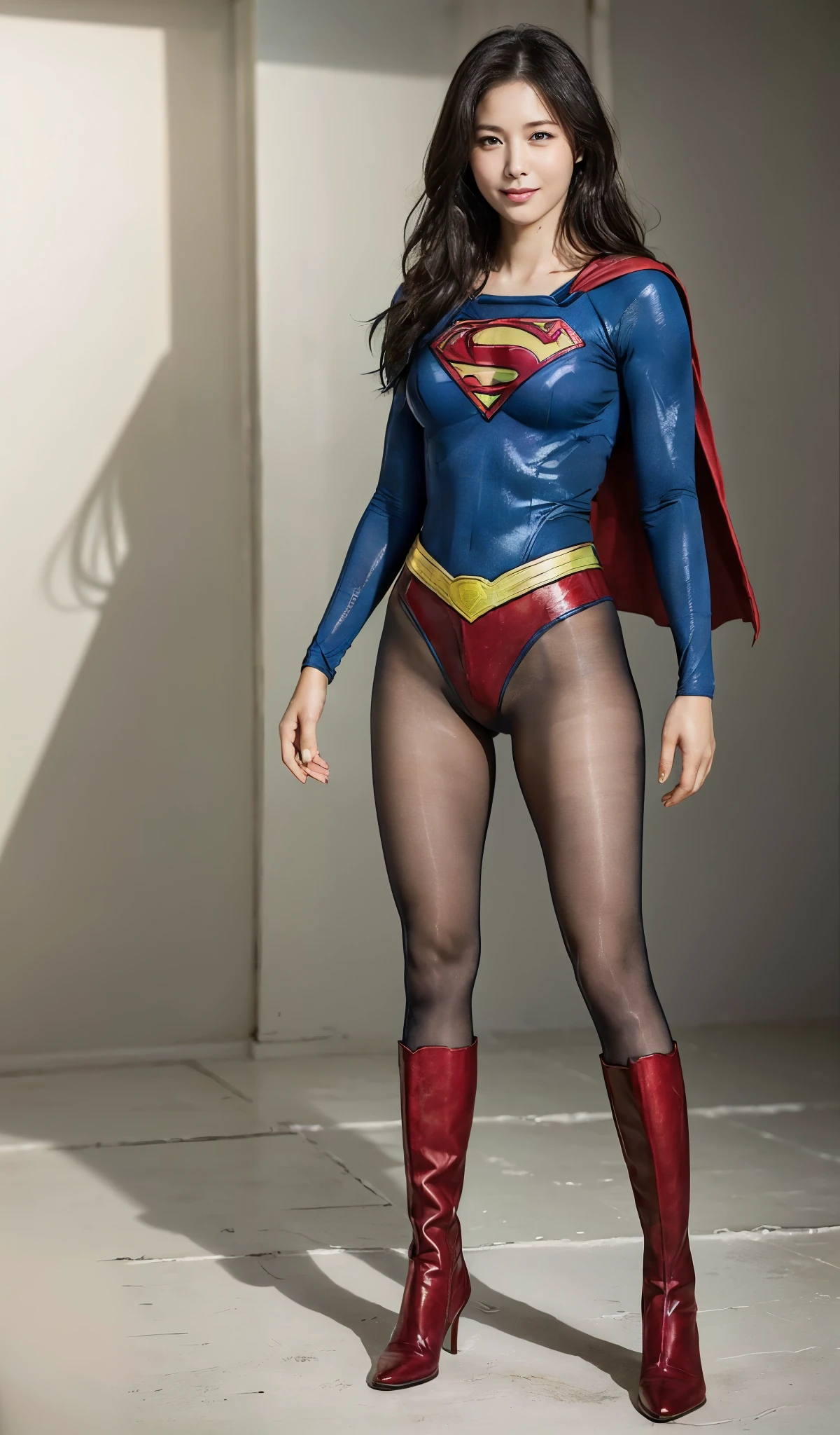 No background、(((Beautiful legs in black tights.)))、(((Legally express the beauty of your smile)))、((((Make the most of your original images)))、(((Body-hugging Supergirl costume)))、(((Supergirl Costume)))、(((Beautiful short hair)))、(((She is winking cutely.)))、(((Please wear black tights....、Wear red boots)))、((Best image quality、8k))、((highest quality、8k、masterpiece:1.3))、(((Preserve background )))、Sharp focus:1.2、Beautiful woman with perfect figure:1.4、Slim Abs:1.2、Wet body:1.5、Highly detailed face and skin texture、8k