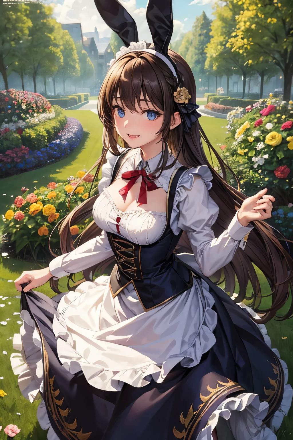 (Masterpiece, best quality, official art,), 1girl, beautiful face, blue eyes, light smile, long hair, brown hair, medium breast, maid outfit, black dirndl, bunny earband, dynamic pose, seductive, flowers, garden, tree, dynamic lighting, detailed background, intricate detailed, finely detailed