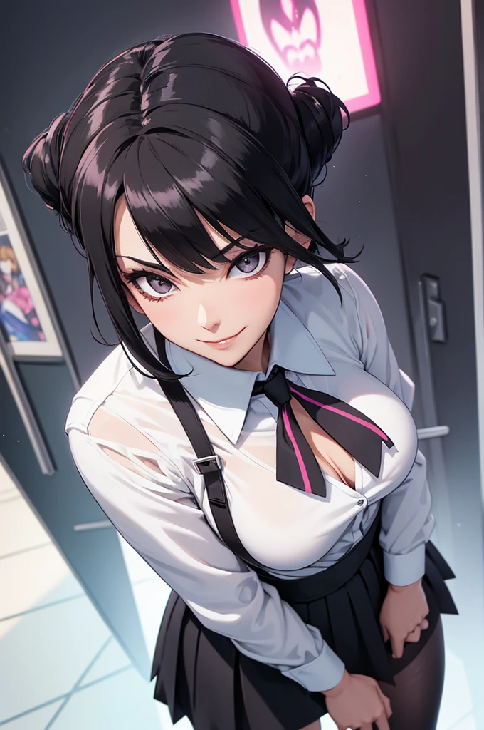 juri han, work of art, tight white secretary shirt with black tie, black high waist skirt, short skirt, black hair, black tights,evil smile,office,franja nos olhos,lighting,chifre de cabelos,view from above,olhando para cima,sorriso