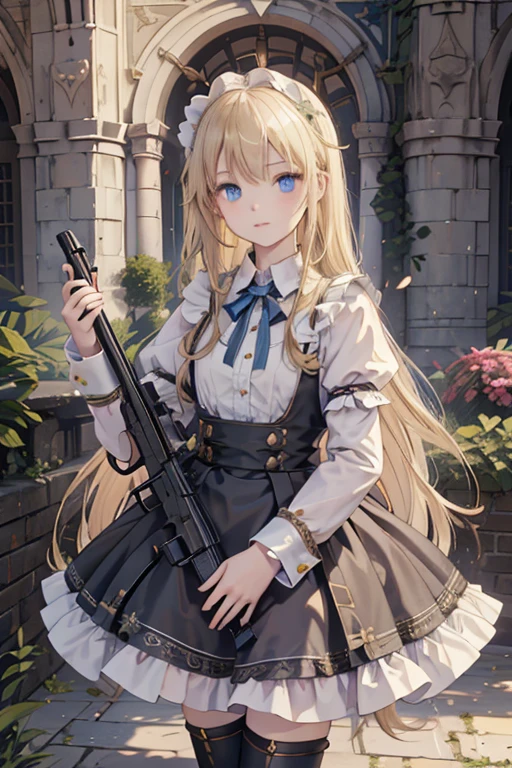 (8k, highest quality, Tabletop:1.2)、Ultra-high resolution, , Perfect Fingers, Detailed face, blue eyes, blonde, Straight hair, Long Hair, Black maid outfit, Western-style building、garden、of、Assault rifle