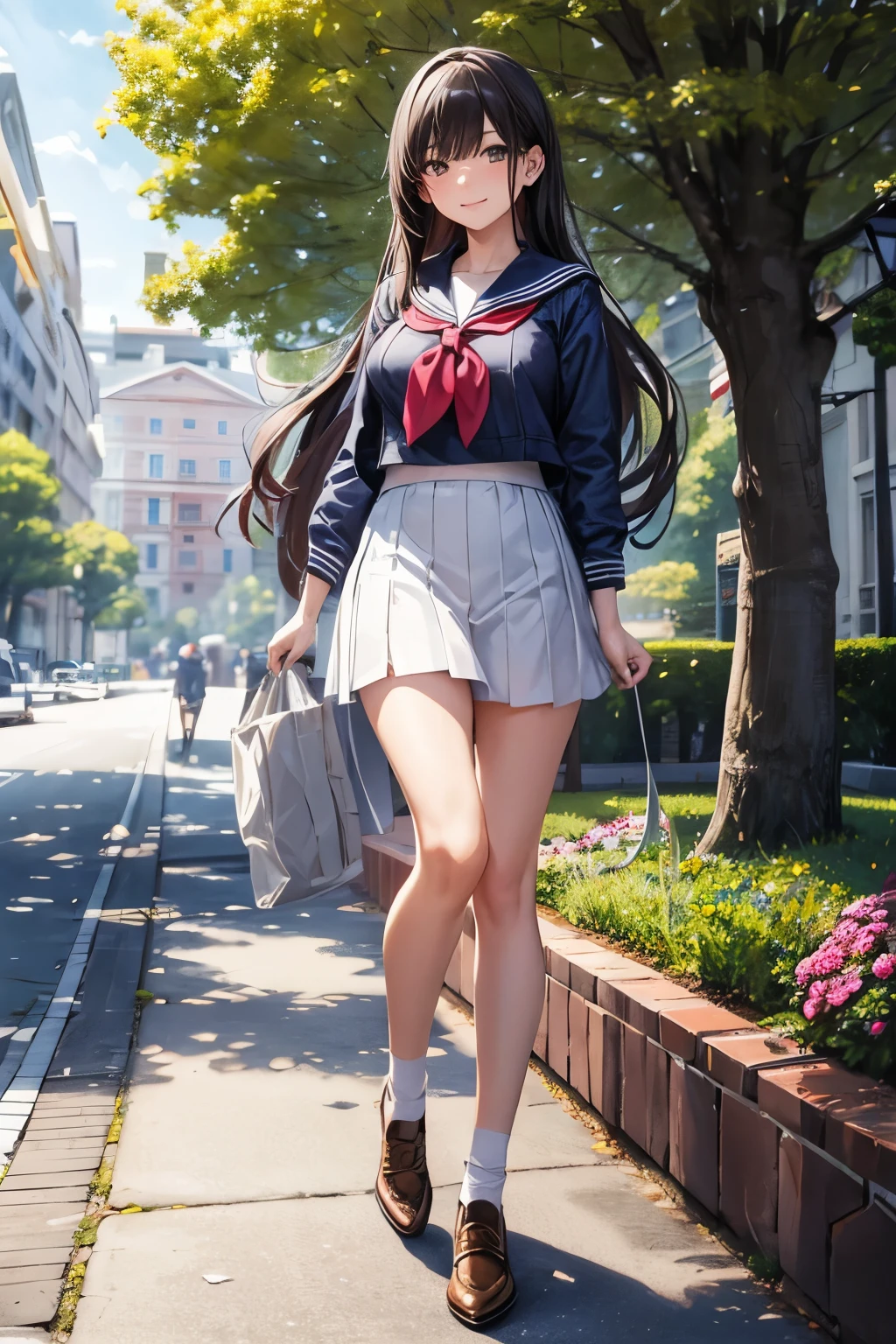 (Masterpiece, best quality, official art), 1girl, smiling, long hair, wavy hair, medium breast, sailor outfit, sailor uniform, dynamic lighting, walking on street, public park, tree, flowers, detailed background, intricate detailed, finely detailed, from below