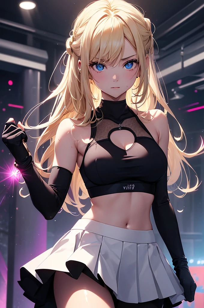 top-quality、Top image quality、masterpiece、girl with((cute little、18year old、Best Bust、Medium bust、Bust 85,Beautiful blue eyes、Breasts wide open,Blonde long hair、A slender、Middle knot、Black Sports Bra、White short skirt,Reflecting the whole body、Black perforated gloves、Sweating、fighting poses))hiquality、Beautiful Art、Background with((clubhouse、Blue lighting、Purple Laser Illumination、Red laser illumination,Yellow laser illumination,fitness club、natta、Virtual Worlds)),masutepiece、Elaborate design、visualart、depth of fields、The best lighting、highestdetailed、8k,Super delicate
