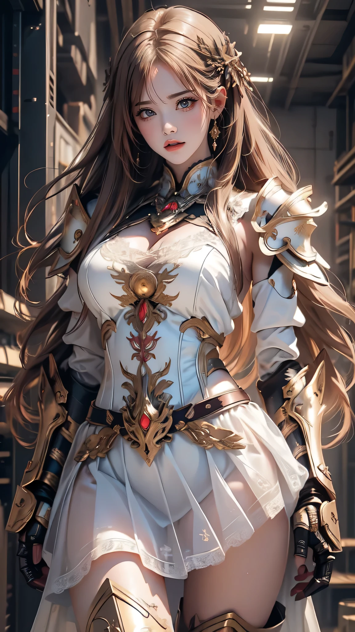 fighting stance, (Cinematic scene, Fantasy Art, Highest image quality, Hyperrealism portrait, (8K), Ultra-realistic, Best Quality, High quality, High Definition, high quality texture, high detailing, Beautiful detailed, fine detailed, extremely details CG, Detailed texture, realistic representation of face, masterpiece, presence, Dynamic, Bold), 1 girl, Ultra detailed skin, Curve, Beautiful breasts, Large breasts, pale skin, Erect nipples, (Thin hair), (Soft hair), (Ultra straight hair), Swept long bangs, Extra bright coppery amber hair, Hair over one eye, nsfw, yuri, (porn image), (leather boots, (asymmetrical mecha armor), (long embroidered white lace dress, see through, lift up the hem of the dress))