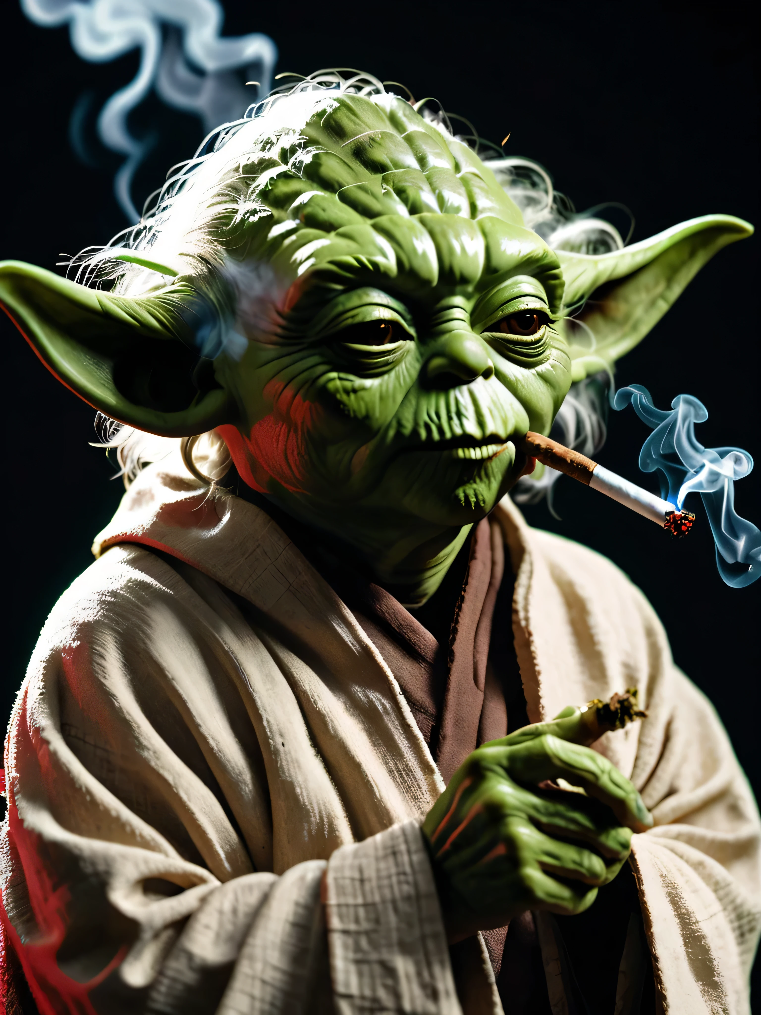 Raw close-up of Yoda's face smoking a weed joint, smoke coming out of his mouth, eyes red in concentration, green skin illuminated by the hum of the Jedi weapon, 50mm f/1.8 lens emphasizing the spiritual connection to the Force, 4K resolution.