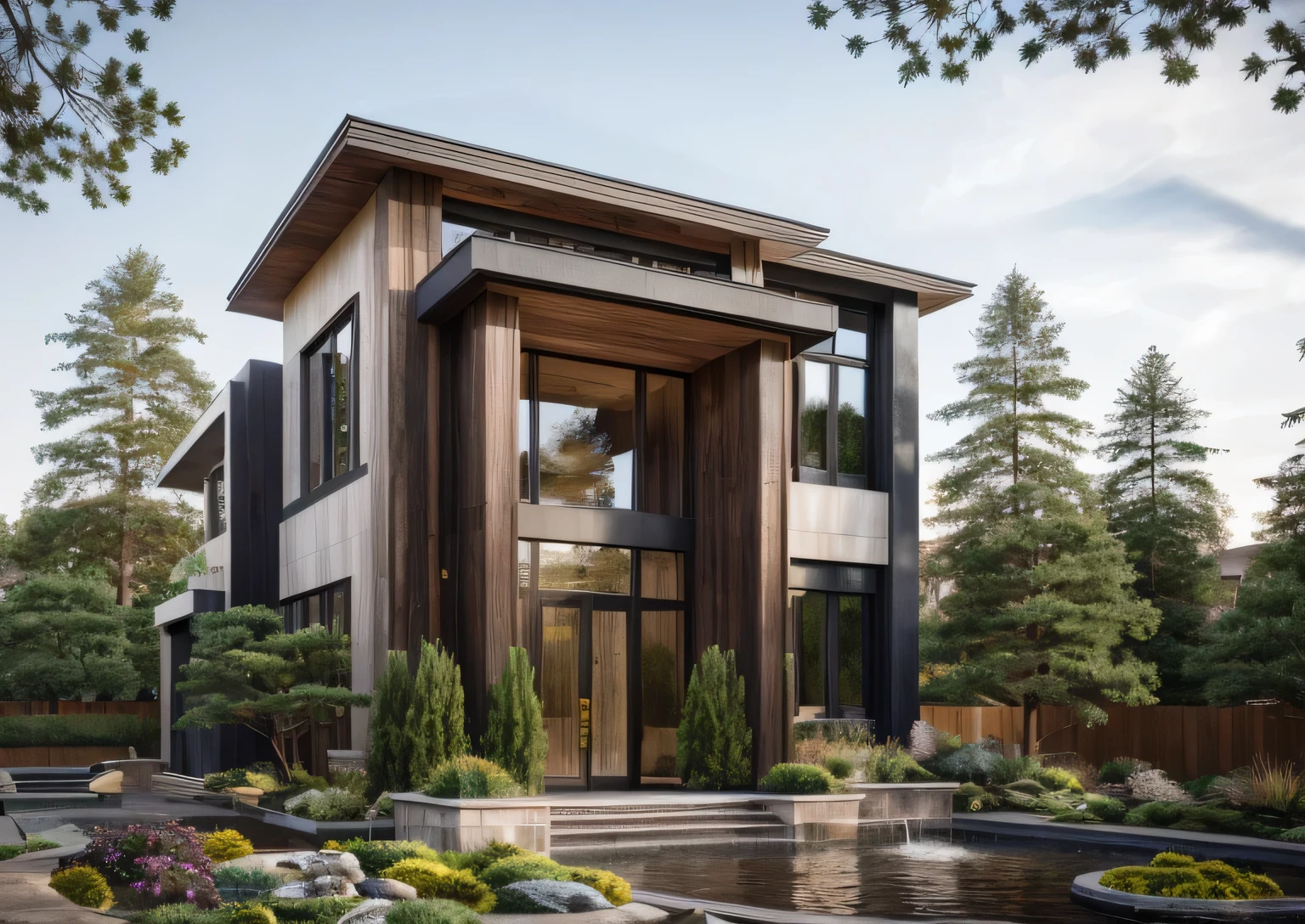 (masterpiece),(high quality), best quality, real,(realistic), super detailed, (full detail),(4k),8k,modern house exterior design,Modern architecture,Sandstone,whitewall,Beautiful_sky,Day light, no_humans, outdoors,sky,tree,Garden flower front of building,front yard tiles,koi pond on the left, zen garden, modern roof, natural wood texture