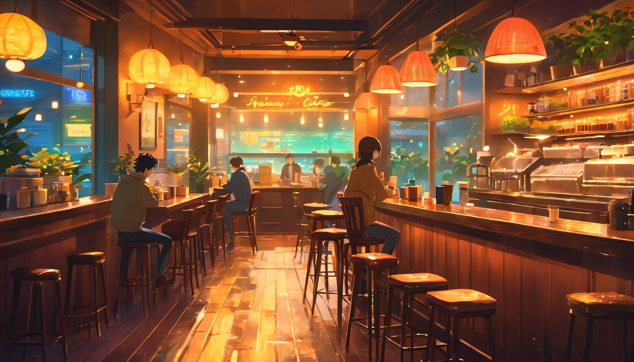 (Neon-lit night view),(Lo-fi coffee shop),(Vibrant colors),(Detailed coffee cup),(Reflection on the table), (Nostalgic atmosphere), (Artistic painting style),(Cozy atmosphere), (Realistic texture), (The aroma of coffee in the air), (people々is chatting or laughing), (Street view), (Soft Shadows), (Dark Alley), (City lights), (rain), (Raindrops on window glass), (Blurred Background), (Decorative interior design), (Aesthetic atmosphere), (Houseplant), (Glowing neon signs), (Barista brewing coffee), (Smoke from the coffee machine), (Artistic slow moments), (Customers enjoying drinks), (Latte Art), (Music in the background), (Steaming hot coffee),(Floral plate), (Warm tones), (Comfortable seating arrangement), (Rustic wooden table), (Intimate atmosphere), (Bokeh Light), (A candid moment captured), (Artistic lighting effects), (Dreamy atmosphere), (Stylish bar counter), (Coffee spill marks), (Artwork on the wall).