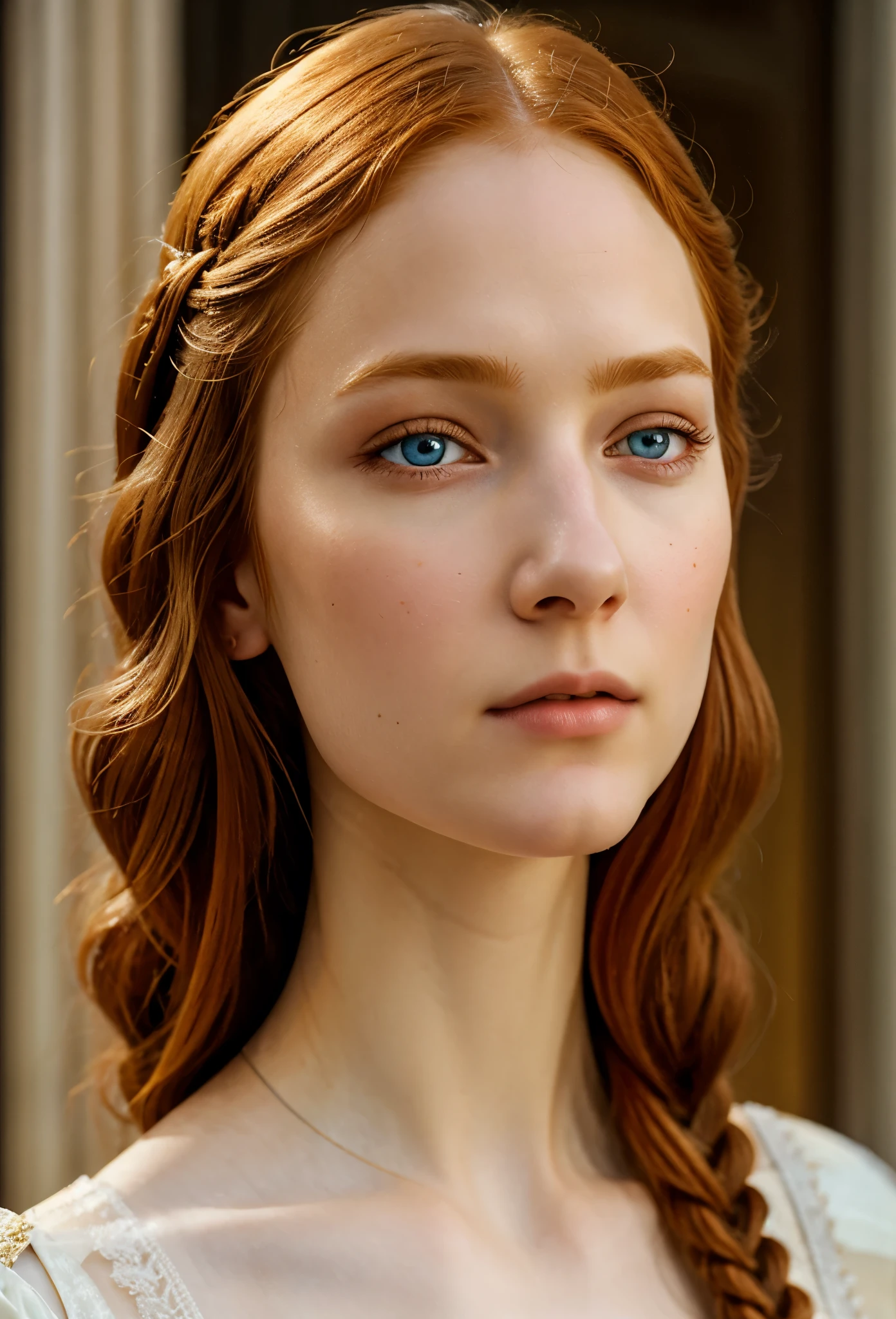 1girl, 18yo, formal clothes, fanciful braided ginger hair, detailed face, beautiful blue eyes, detailed nose and lips, long eyelashes, porcelain skin, serene expression, elegant posture, intricate floral dress, mid-shot, dramatic lighting, warm color palette, photorealistic, 8k, ultra-detailed, masterpiece,  full body