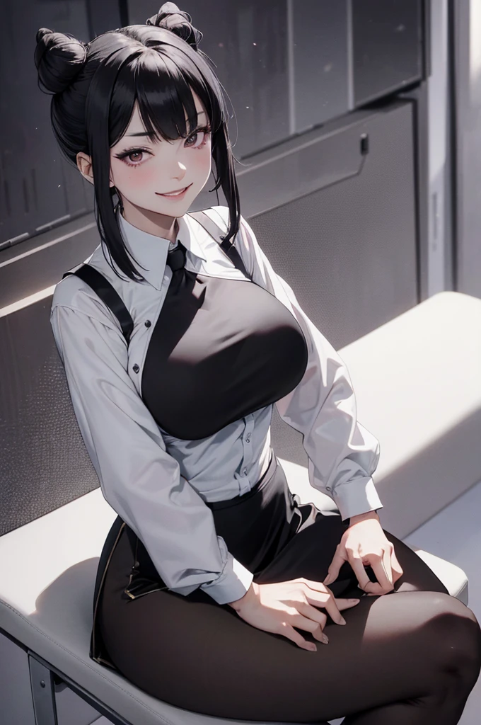 juri han, work of art, tight white secretary shirt with black tie, black high waist skirt, short skirt, black hair, black tights, evil smile, office, bangs in the eyes, lighting, hair horn, vision of up, looking up, smile, sitting on an office chair, legs crossed