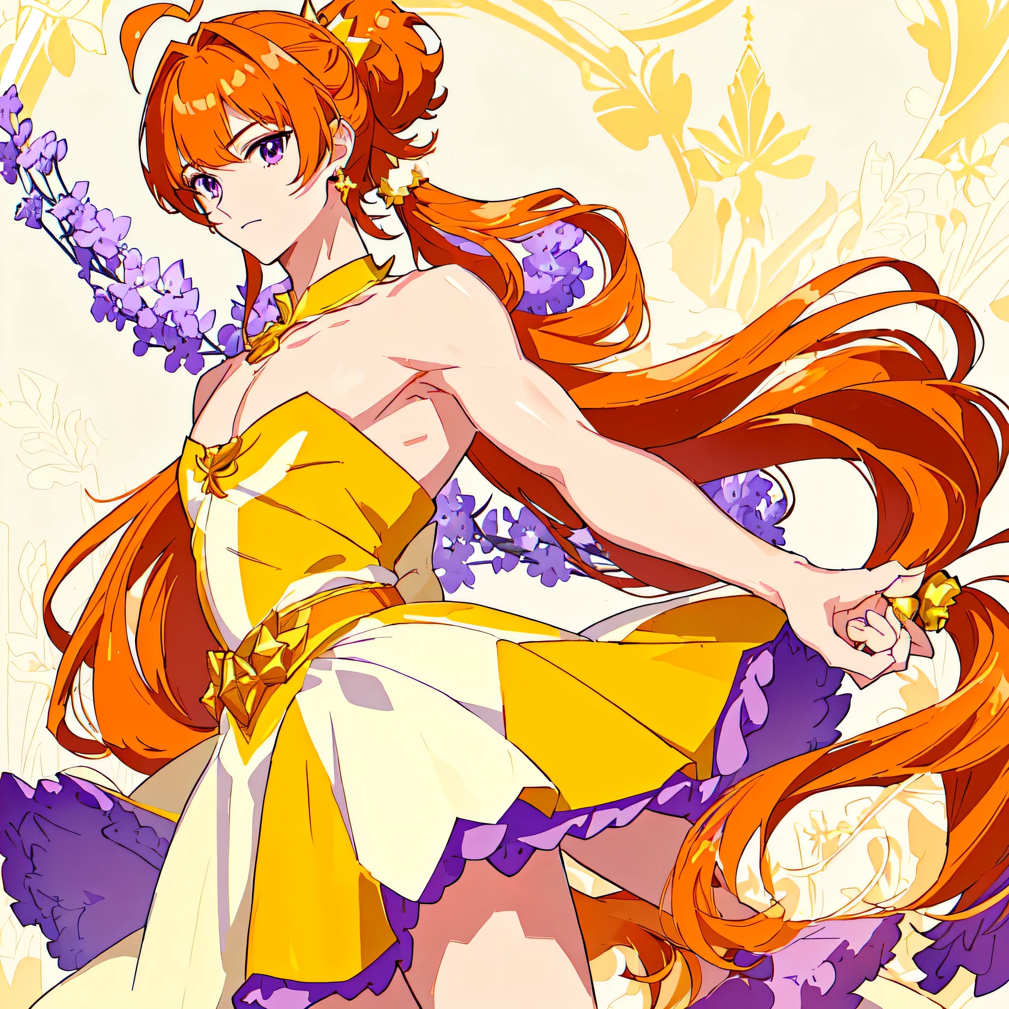 Wallpaper of cartoon male characters wearing dresses、solo、Orange-brown hair、Half twin tail hair、Purple Eyes、Long two-side updo with back hair、Official Art、sparkling magic boy、High quality artwork、Anime Prince、Cool Boy、Official Artwork、Dress Up Darling Anime、Orange and yellow costume、Muscular man、Official Anime Artwork、Male focus、Glowing Skin、Bare shoulders、JewelryBrooch、Bare Arms、Bare neck circumference、Bare chest、Strong pectoral muscles、Purple mini skirt with yellow frills、Shoulder Strapless Dress、Are standing、Pale orange thigh boots、Fan art、beautiful、looking at viewer、Cowboy Shot、(male body:1.3)、