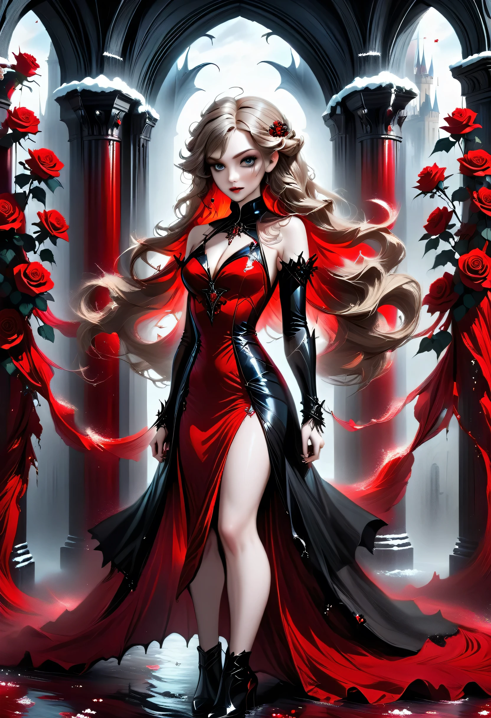 Dark fantasy art, fantasy art, goth art, a picture of a female vampire, exquisite beauty, full body shot, dark glamour shot, pale white skin, dark blond hair, long hair, wavy hair, (icy grey: 1.3) eyes, she wears a (red: 1.3) dress, ArmoredDress, entwined with (black: 1.3) roses betmd, high heells, dark castle porchm, RagingNebula