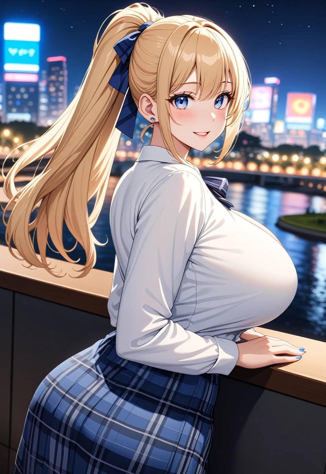 ((One girl)), Beautiful smile,Blushing,Open your mouth,Glossy Lips,Abstract, Yokohama night view park, ((Anime style background)),masterpiece, highest quality, so beautiful, Absurd, up to date, Complex details, Pink long nails,AI-generated, Complex,High resolution, highest quality, super high quality,3D Images、View the viewers、3D Images,one person,Long Blonde Hair,High Ponytail,blue eyes,Anime girl posing for photo, [[Fine grain、Colorful eyes、Shining Eyes:1.15]],(Squint your eyes:1.1),a hyperRealistic , hyperRealistic , Realistic , blonde anime girl with long hair, Smooth anime CG art, Beautiful anime school girl,White long sleeve blouse,Blue checked skirt,Big blue chest ribbon, Earrings,(Large Breasts:1.3),Mature Body,tall,Big Ass,Fine details,Abdominal muscles,(Look Back),Stick your butt out,Shooting from an angle